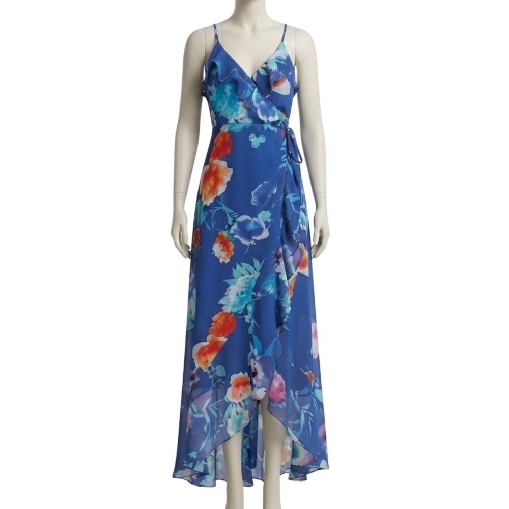 Lulus Ladean Royal Blue Floral Print Ruffled Wrap Maxi Dress XS NWT Resortwear